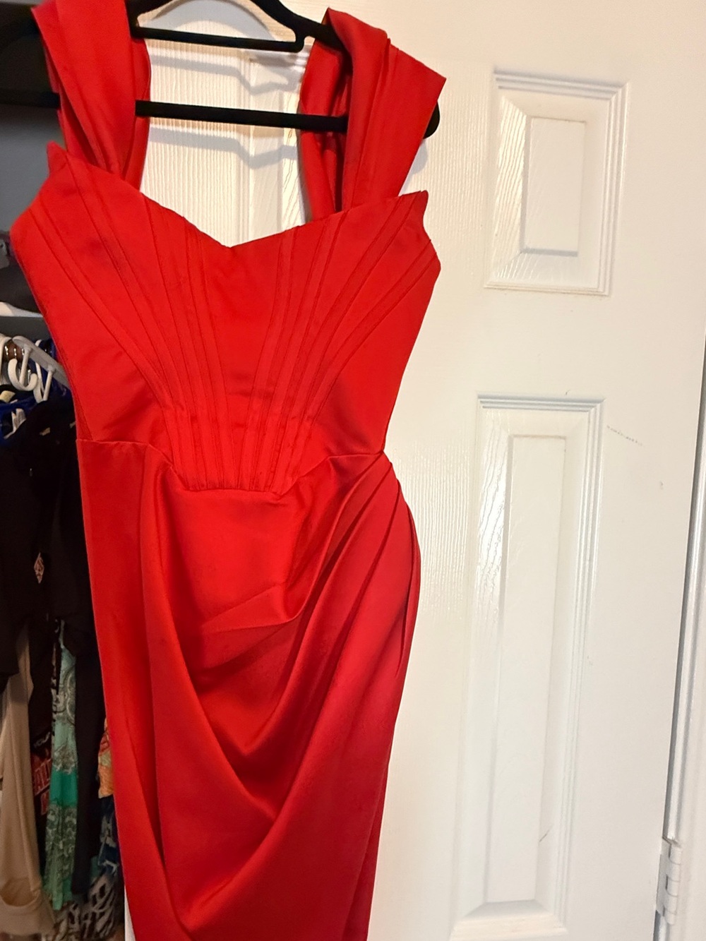 House of CB Red One-Shoulder Draped Midi Dress